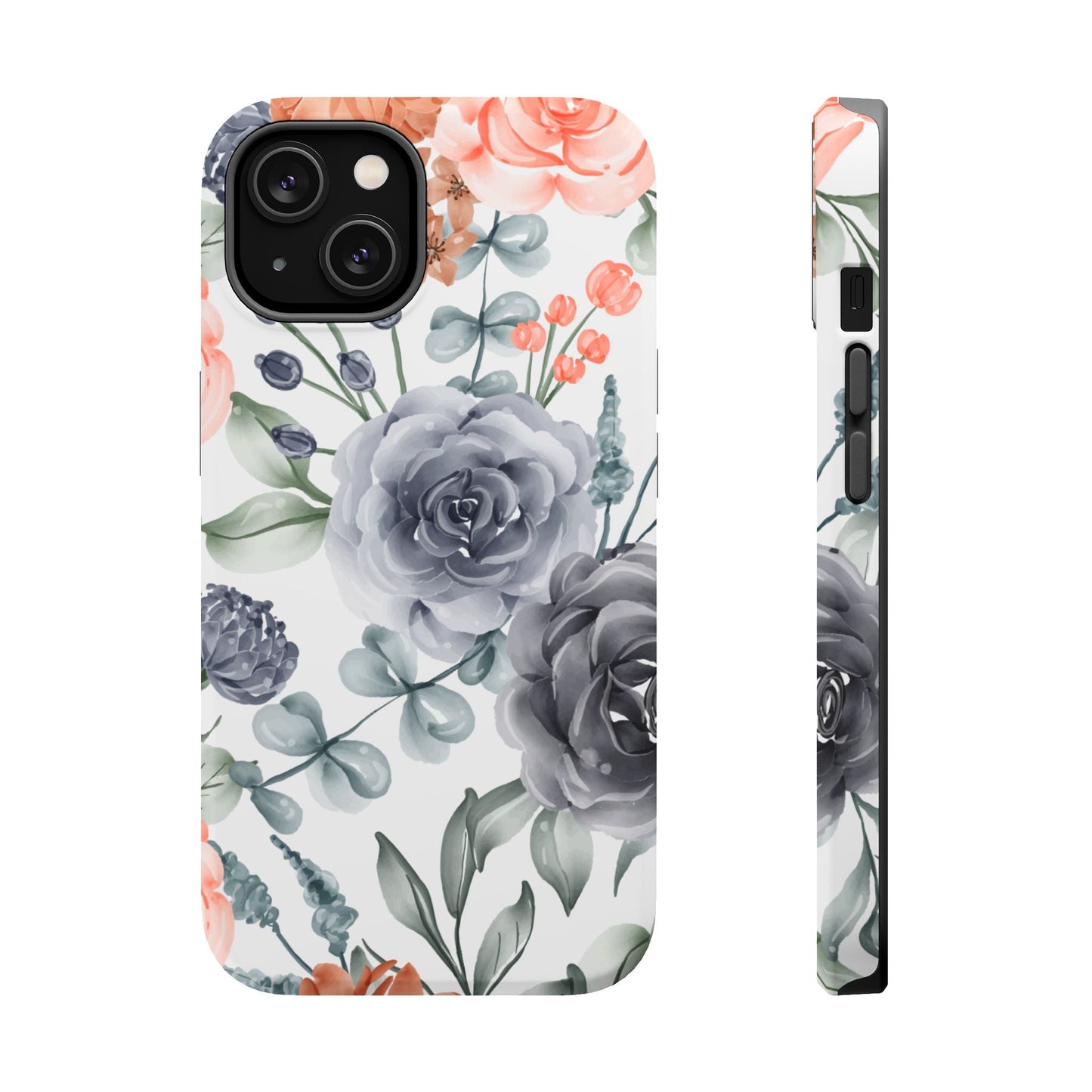 Elegant Watercolor Floral MagSafe iPhone Case – Gray & Peach Botanical Design - BOGO Cases