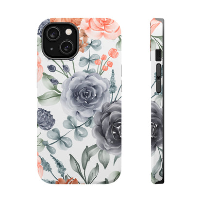 Elegant Watercolor Floral MagSafe iPhone Case – Gray & Peach Botanical Design - BOGO Cases