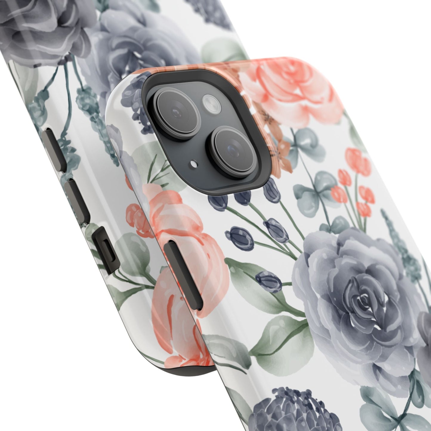 Elegant Watercolor Floral MagSafe iPhone Case – Gray & Peach Botanical Design - BOGO Cases