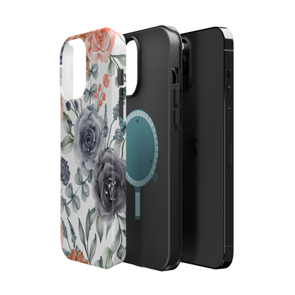 Elegant Watercolor Floral MagSafe iPhone Case – Gray & Peach Botanical Design - BOGO Cases