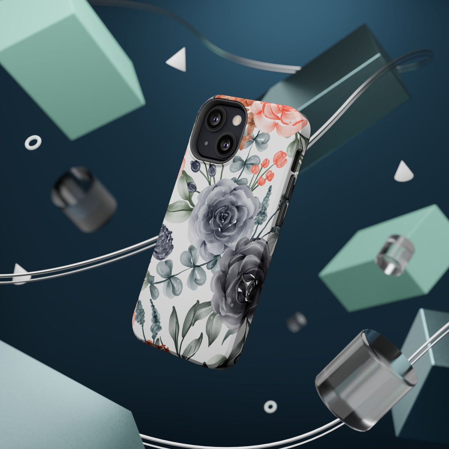 Elegant Watercolor Floral MagSafe iPhone Case – Gray & Peach Botanical Design - BOGO Cases