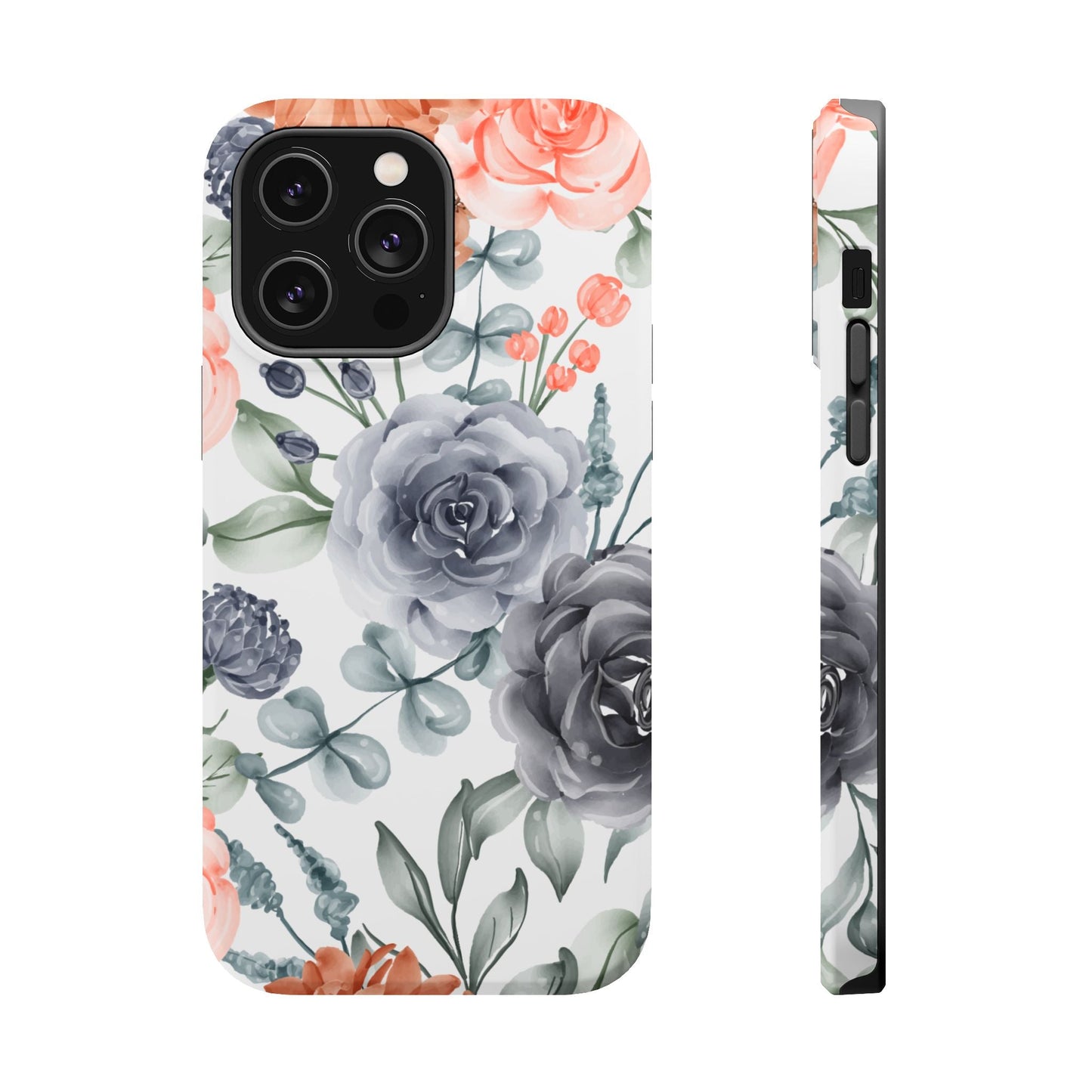 Elegant Watercolor Floral MagSafe iPhone Case – Gray & Peach Botanical Design - BOGO Cases