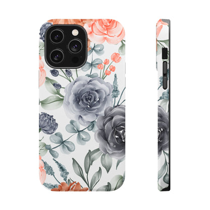 Elegant Watercolor Floral MagSafe iPhone Case – Gray & Peach Botanical Design - BOGO Cases