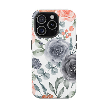 Elegant Watercolor Floral MagSafe iPhone Case – Gray & Peach Botanical Design - BOGO Cases