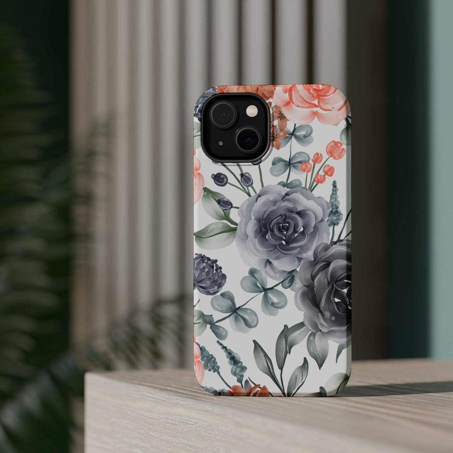 Elegant Watercolor Floral MagSafe iPhone Case – Gray & Peach Botanical Design - BOGO Cases