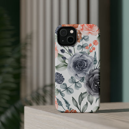 Elegant Watercolor Floral MagSafe iPhone Case – Gray & Peach Botanical Design - BOGO Cases