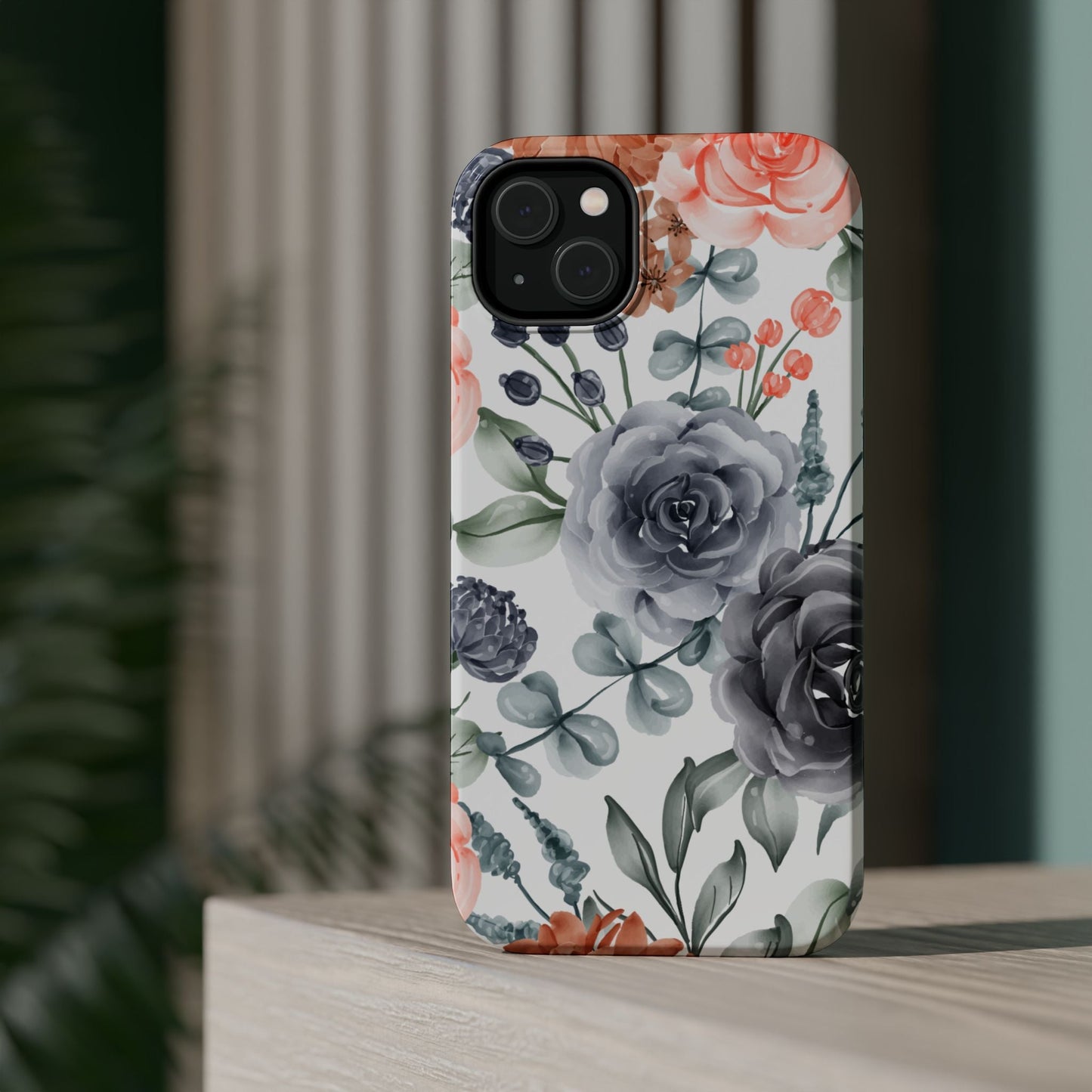 Elegant Watercolor Floral MagSafe iPhone Case – Gray & Peach Botanical Design - BOGO Cases