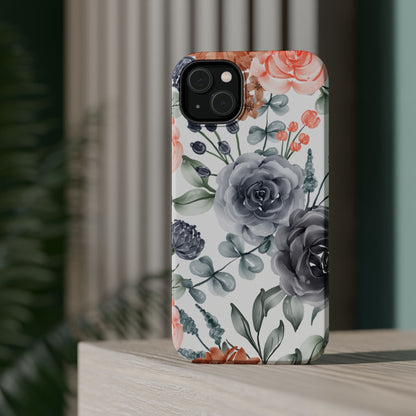 Elegant Watercolor Floral MagSafe iPhone Case – Gray & Peach Botanical Design - BOGO Cases
