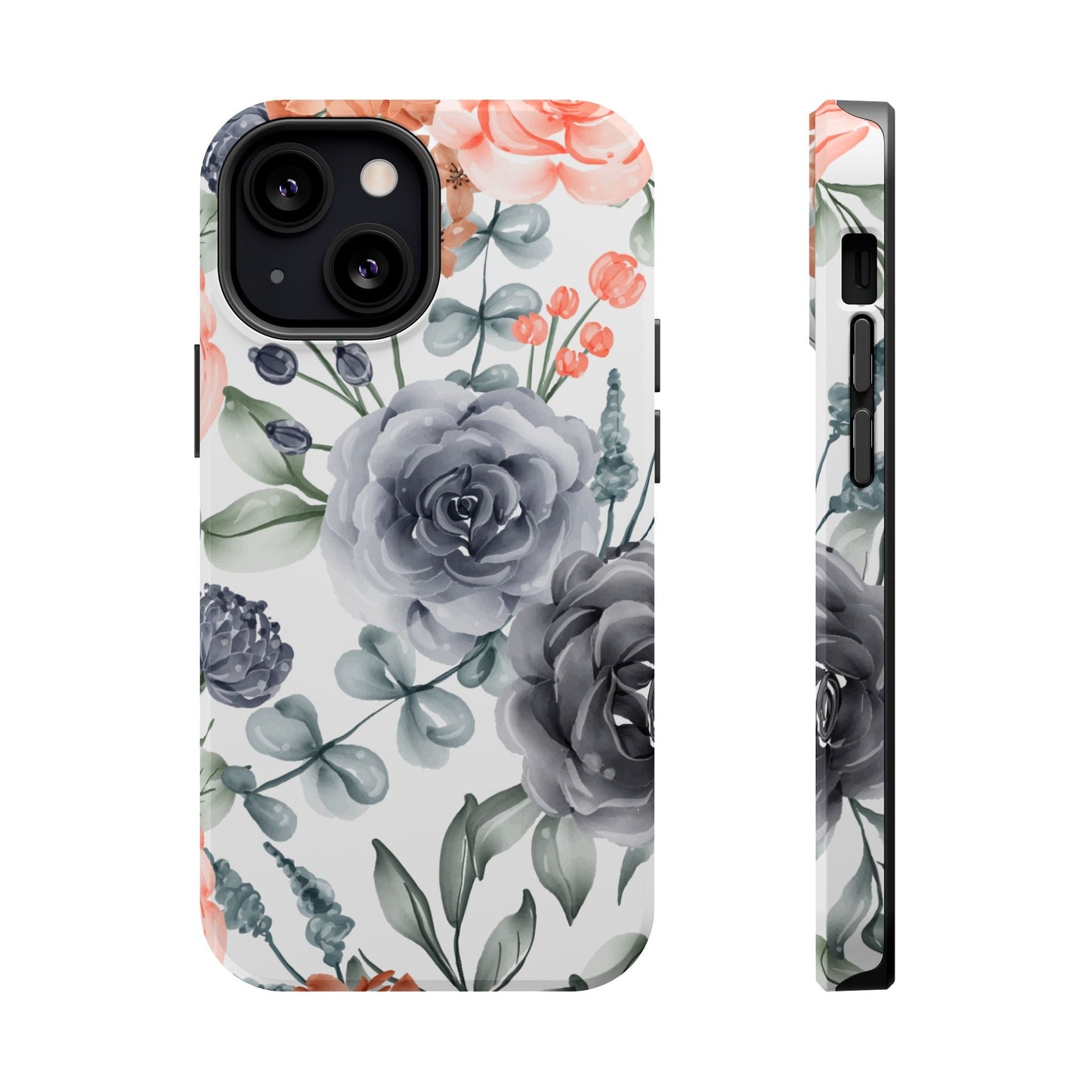 Elegant Watercolor Floral MagSafe iPhone Case – Gray & Peach Botanical Design - BOGO Cases