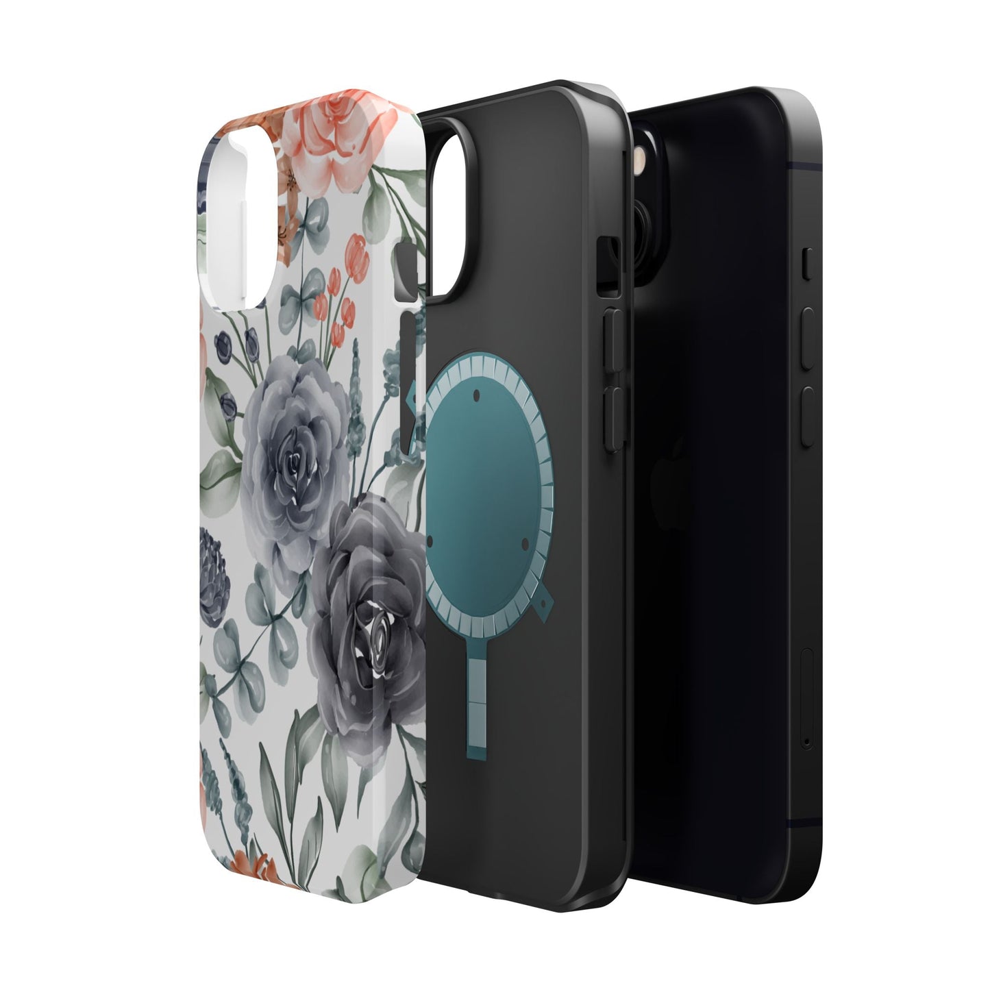 Elegant Watercolor Floral MagSafe iPhone Case – Gray & Peach Botanical Design - BOGO Cases