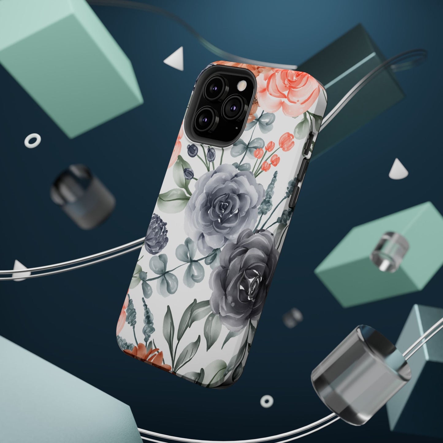 Elegant Watercolor Floral MagSafe iPhone Case – Gray & Peach Botanical Design - BOGO Cases