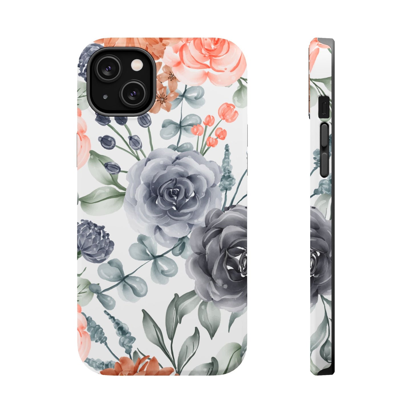 Elegant Watercolor Floral MagSafe iPhone Case – Gray & Peach Botanical Design - BOGO Cases