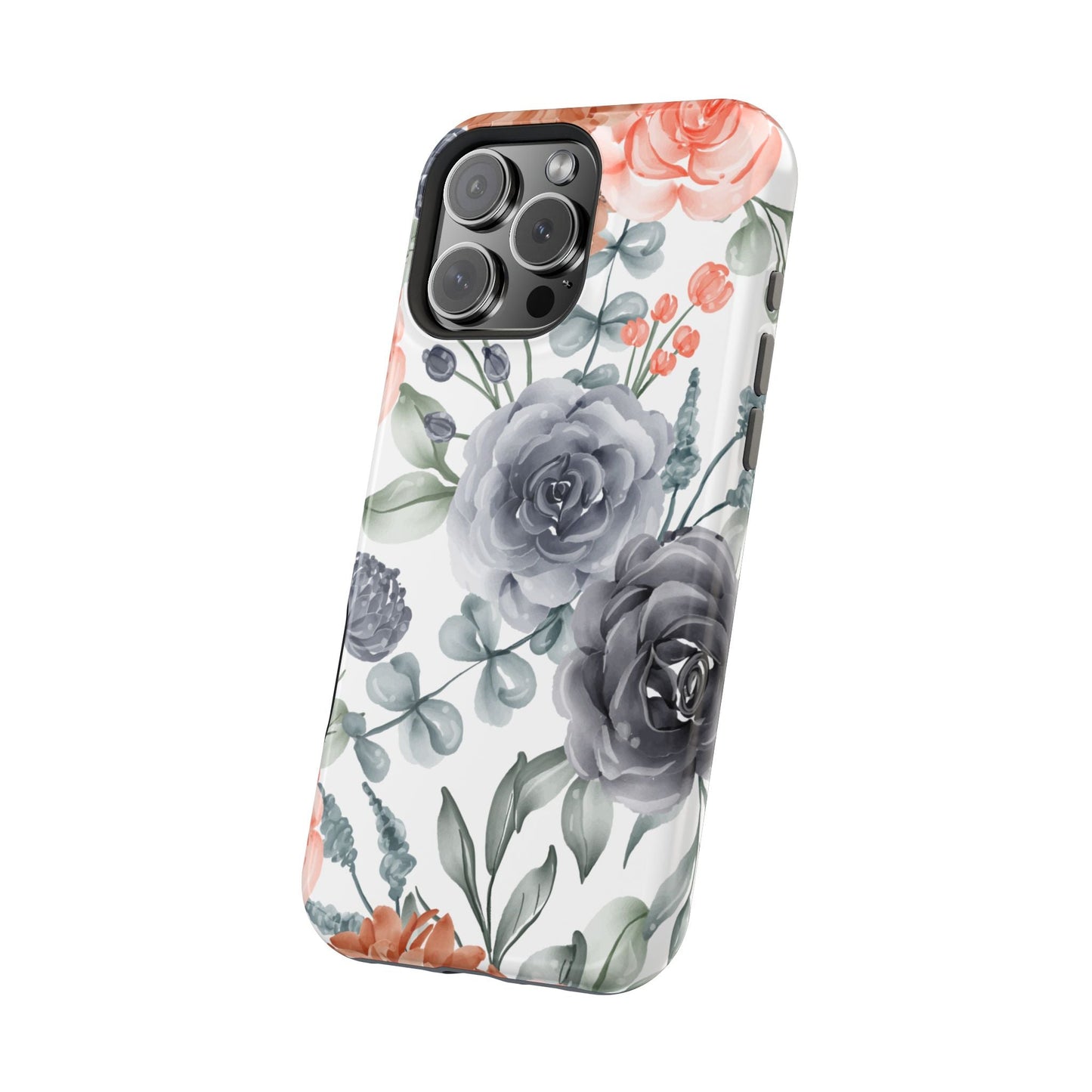 Elegant Watercolor Floral MagSafe iPhone Case – Gray & Peach Botanical Design - BOGO Cases