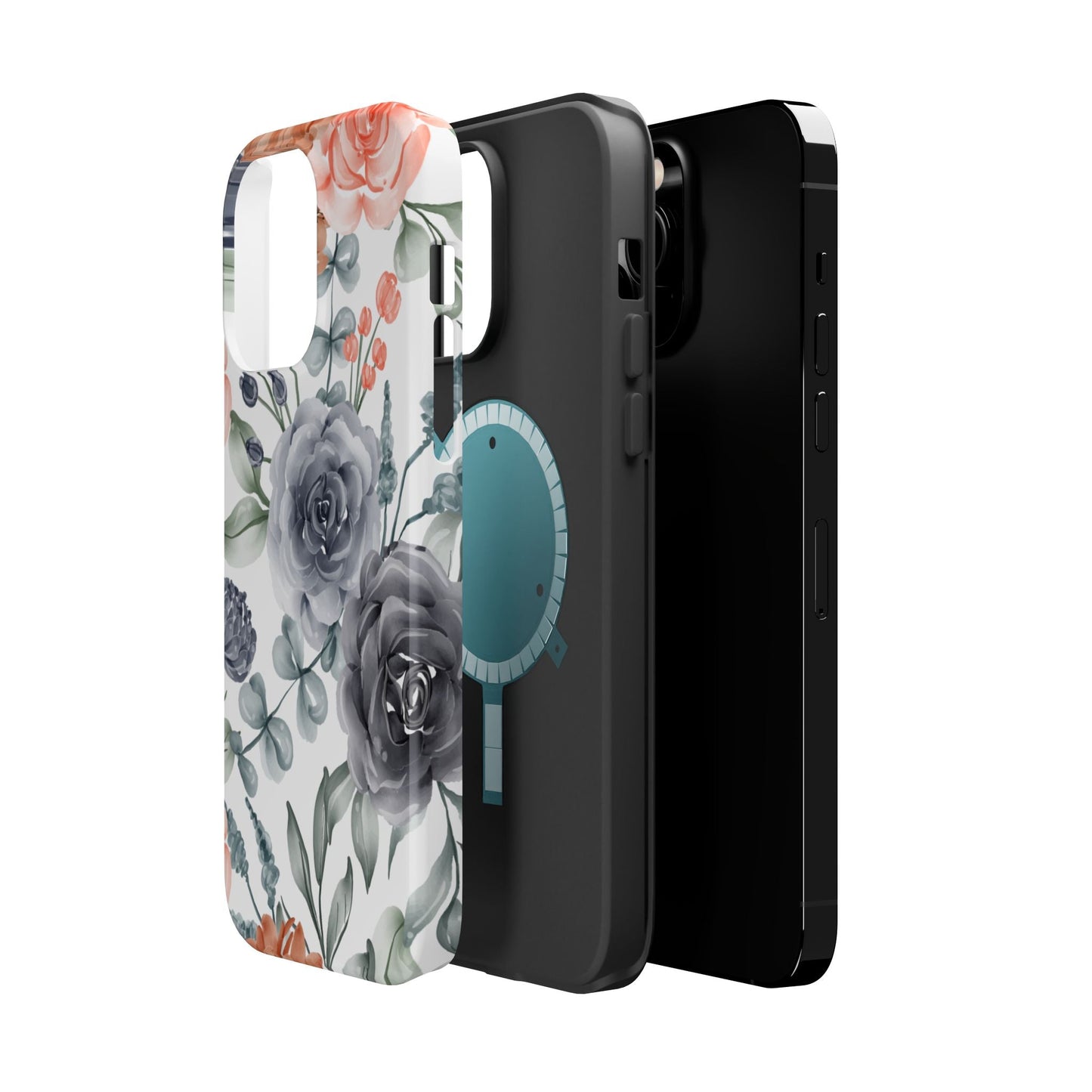Elegant Watercolor Floral MagSafe iPhone Case – Gray & Peach Botanical Design - BOGO Cases