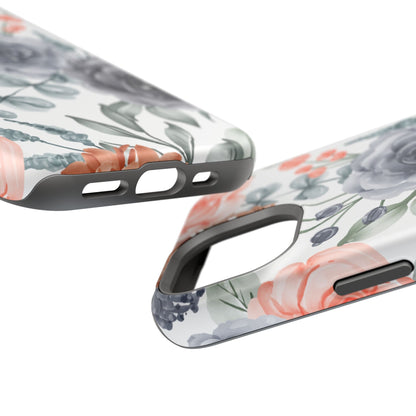 Elegant Watercolor Floral MagSafe iPhone Case – Gray & Peach Botanical Design - BOGO Cases