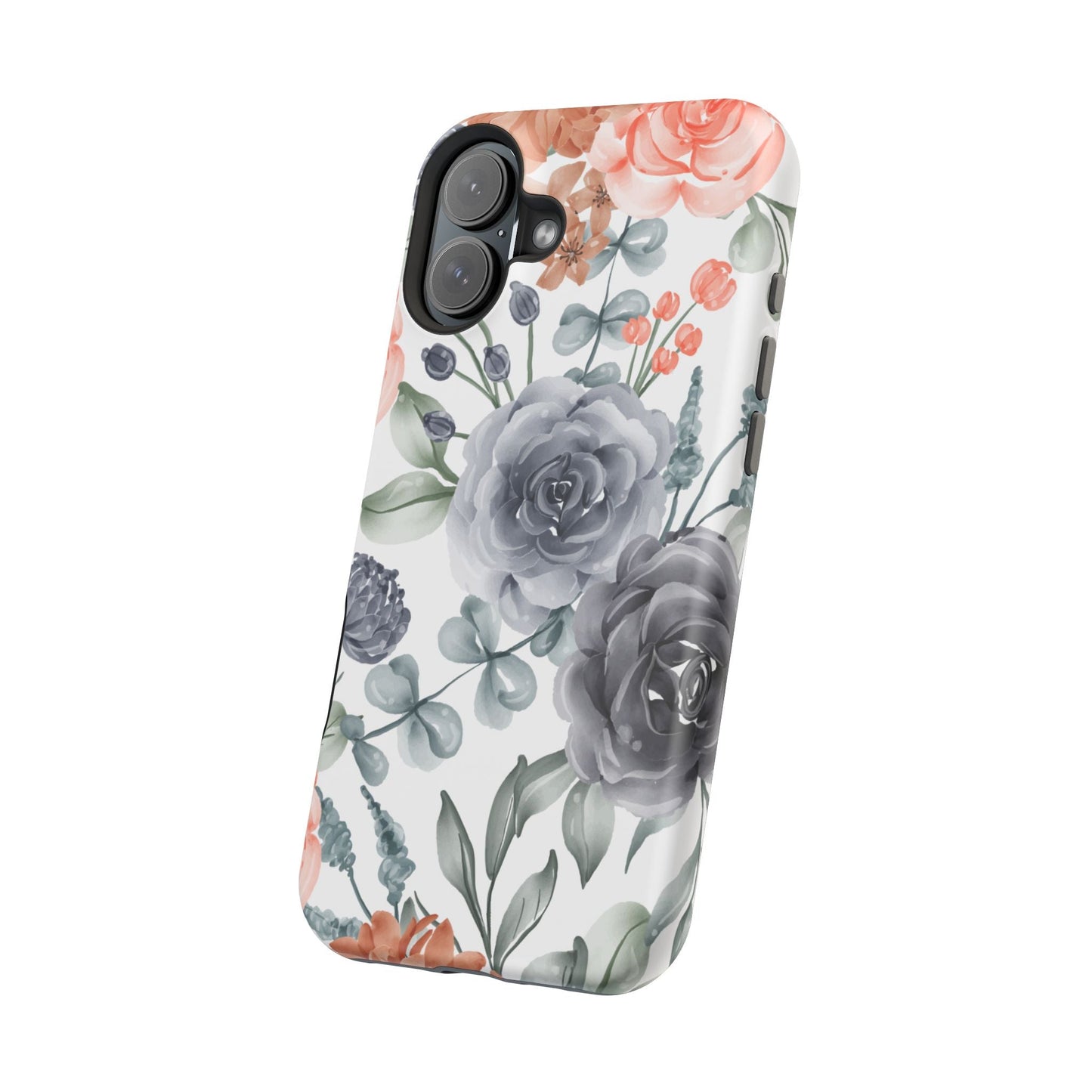 Elegant Watercolor Floral MagSafe iPhone Case – Gray & Peach Botanical Design - BOGO Cases