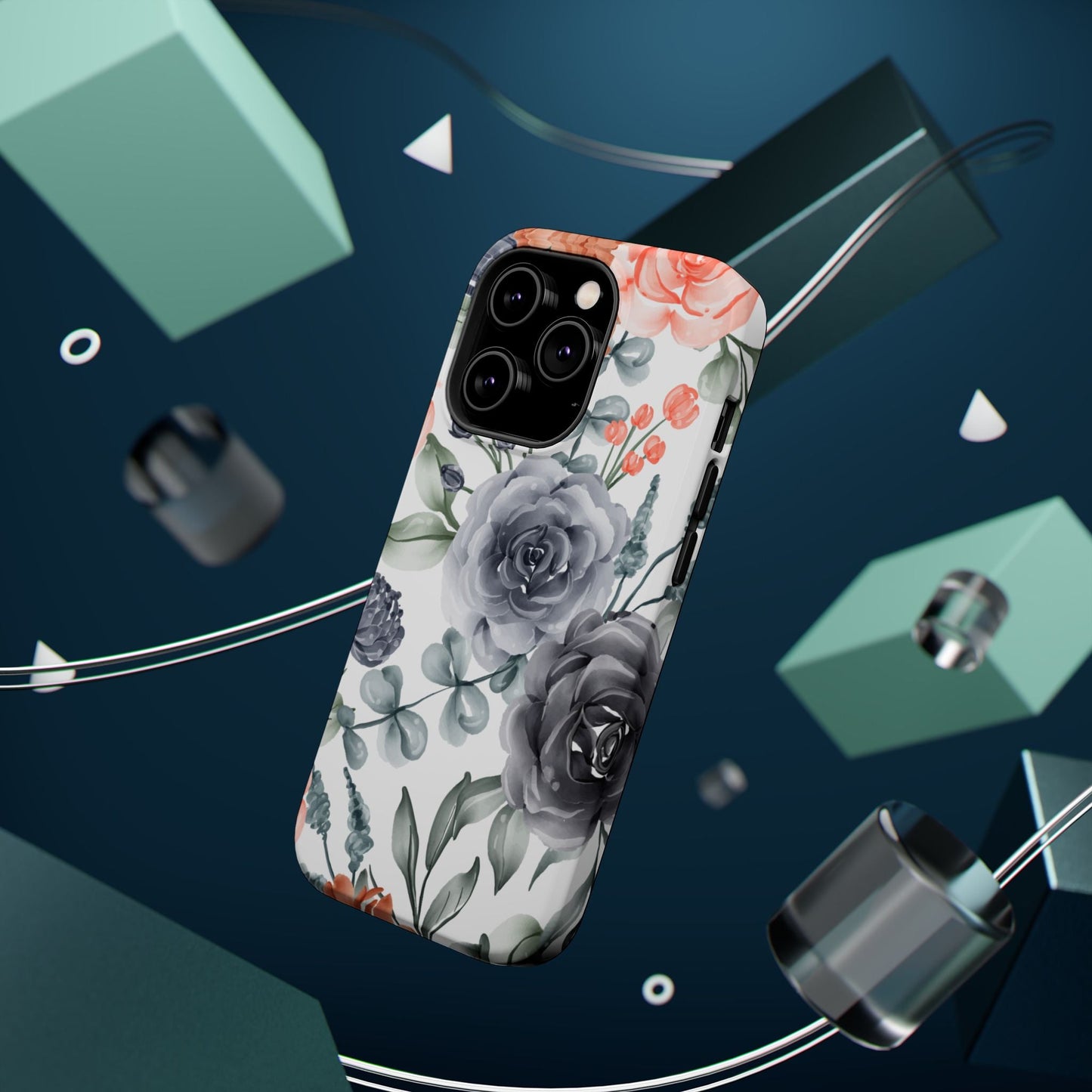 Elegant Watercolor Floral MagSafe iPhone Case – Gray & Peach Botanical Design - BOGO Cases