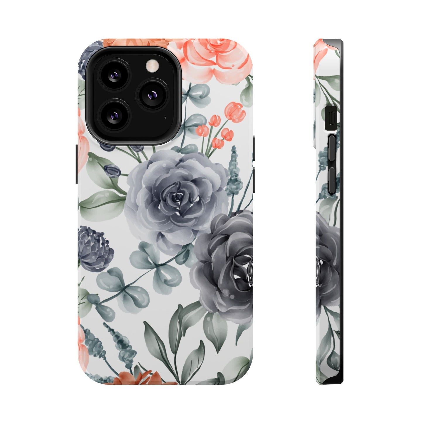 Elegant Watercolor Floral MagSafe iPhone Case – Gray & Peach Botanical Design - BOGO Cases