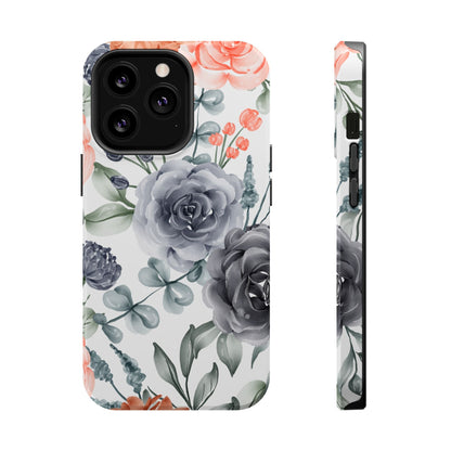Elegant Watercolor Floral MagSafe iPhone Case – Gray & Peach Botanical Design - BOGO Cases