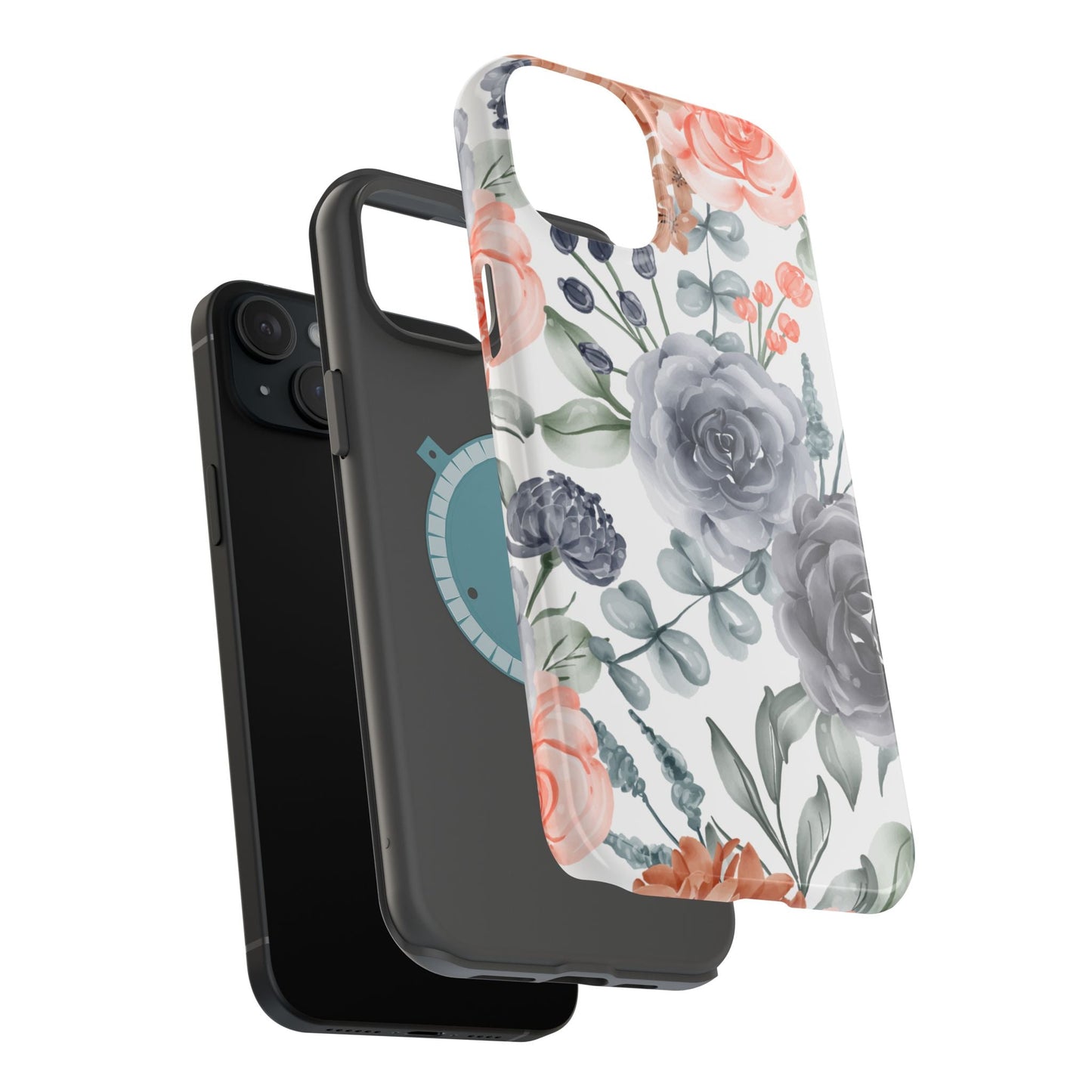 Elegant Watercolor Floral MagSafe iPhone Case – Gray & Peach Botanical Design - BOGO Cases