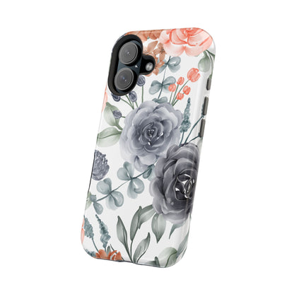 Elegant Watercolor Floral MagSafe iPhone Case – Gray & Peach Botanical Design - BOGO Cases