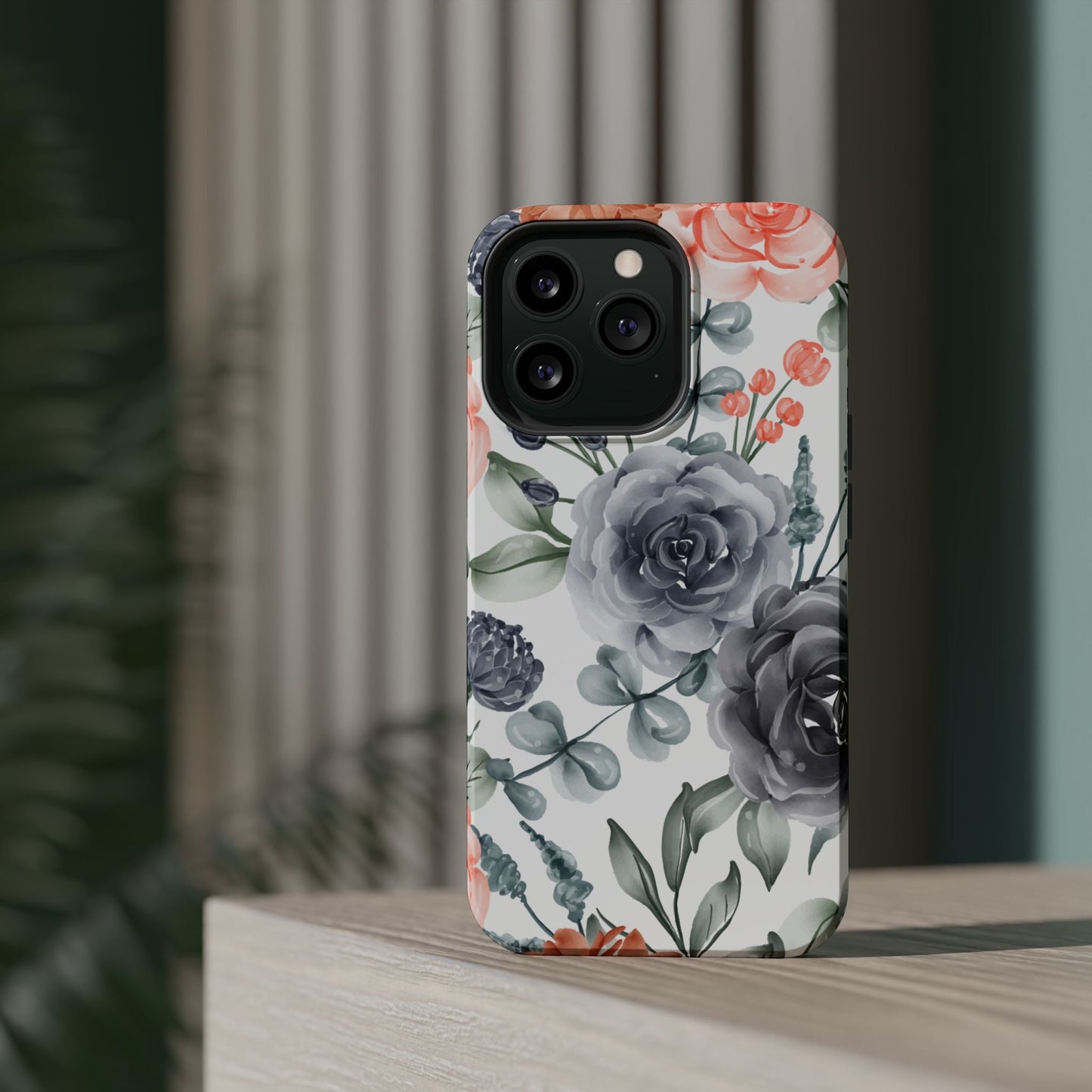 Elegant Watercolor Floral MagSafe iPhone Case – Gray & Peach Botanical Design - BOGO Cases