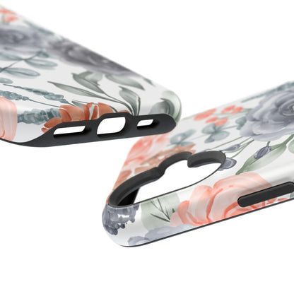 Elegant Watercolor Floral MagSafe iPhone Case – Gray & Peach Botanical Design - BOGO Cases