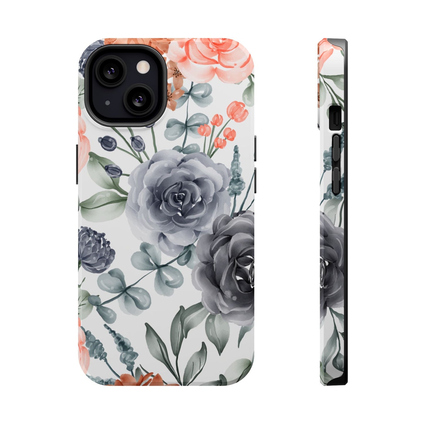 Elegant Watercolor Floral MagSafe iPhone Case – Gray & Peach Botanical Design - BOGO Cases