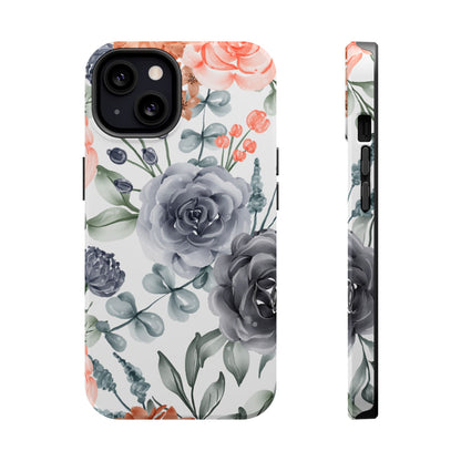 Elegant Watercolor Floral MagSafe iPhone Case – Gray & Peach Botanical Design - BOGO Cases