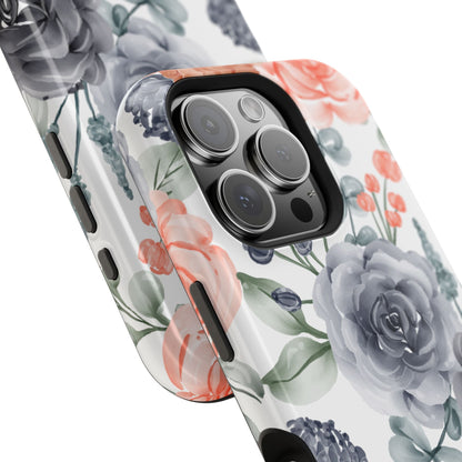 Elegant Watercolor Floral MagSafe iPhone Case – Gray & Peach Botanical Design - BOGO Cases