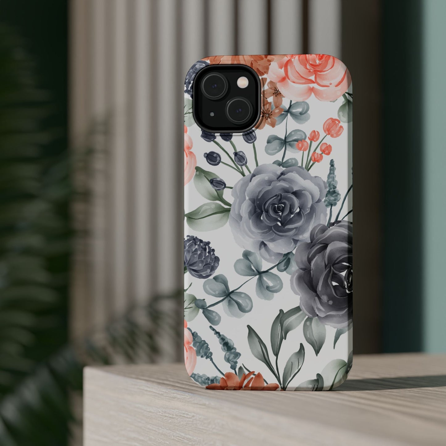 Elegant Watercolor Floral MagSafe iPhone Case – Gray & Peach Botanical Design - BOGO Cases