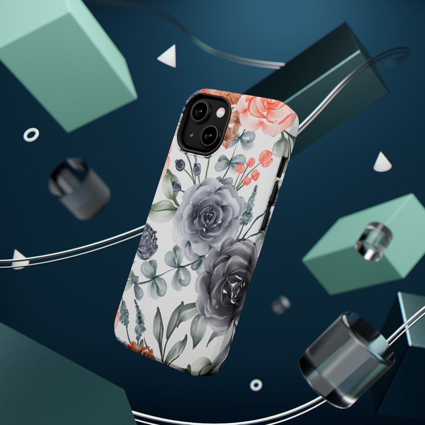 Elegant Watercolor Floral MagSafe iPhone Case – Gray & Peach Botanical Design - BOGO Cases