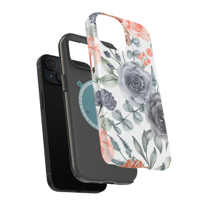Elegant Watercolor Floral MagSafe iPhone Case – Gray & Peach Botanical Design - BOGO Cases