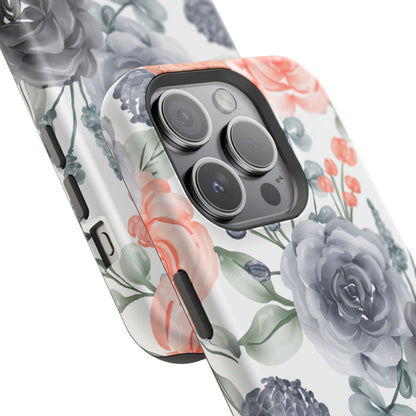 Elegant Watercolor Floral MagSafe iPhone Case – Gray & Peach Botanical Design - BOGO Cases