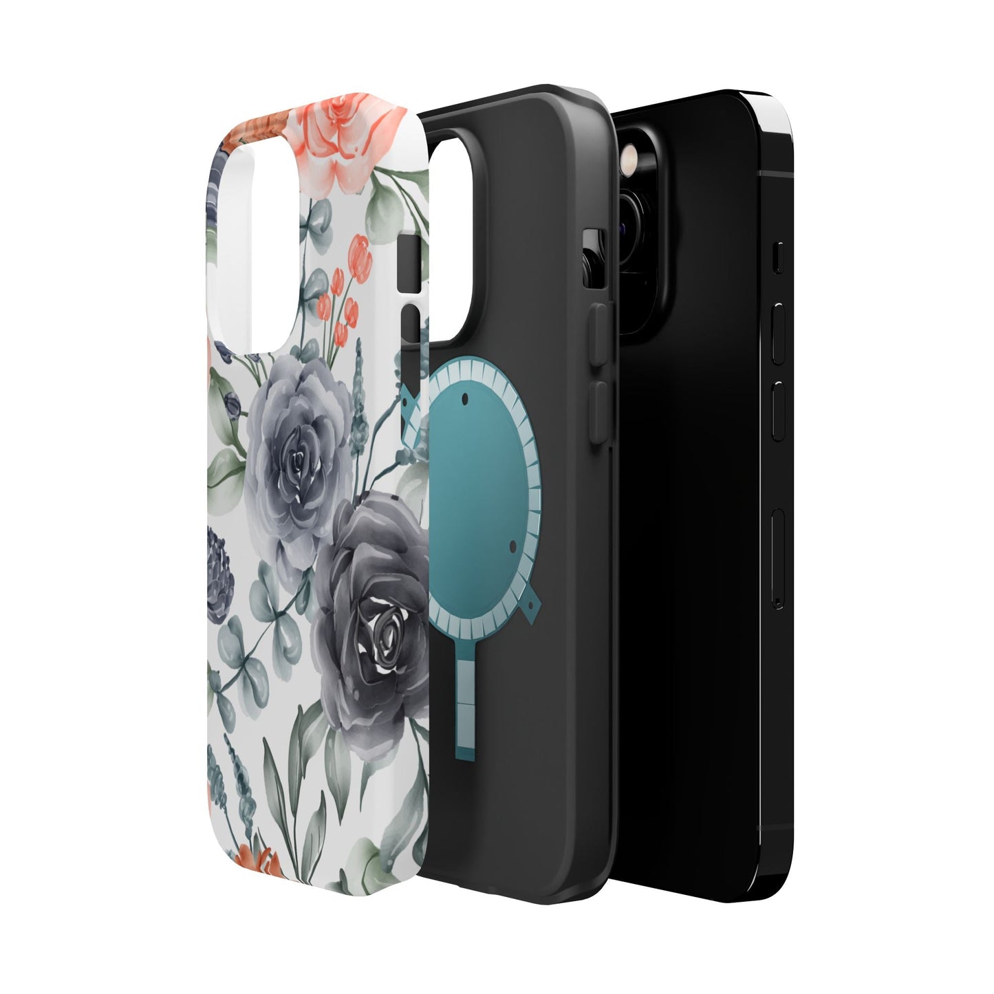 Elegant Watercolor Floral MagSafe iPhone Case – Gray & Peach Botanical Design - BOGO Cases