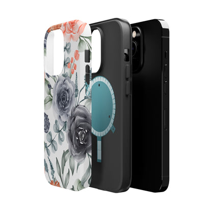 Elegant Watercolor Floral MagSafe iPhone Case – Gray & Peach Botanical Design - BOGO Cases