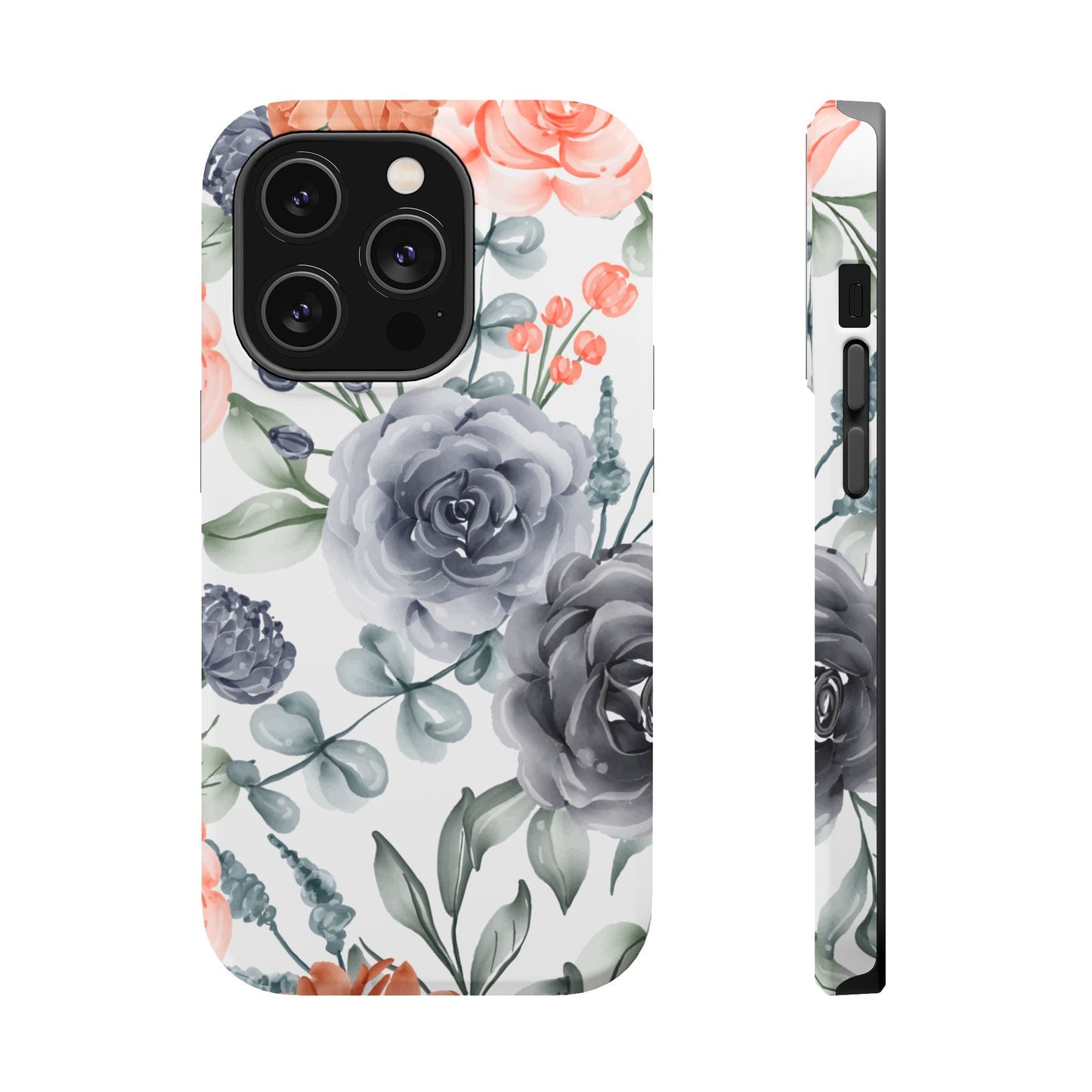 Elegant Watercolor Floral MagSafe iPhone Case – Gray & Peach Botanical Design - BOGO Cases