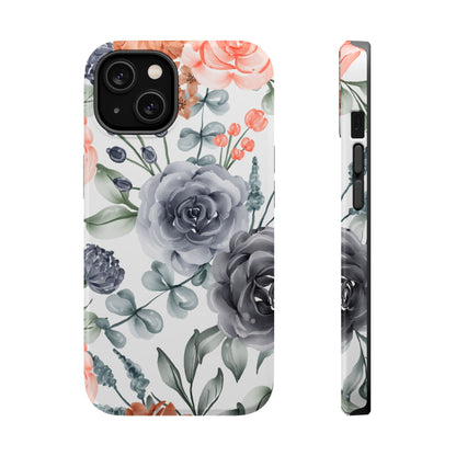Elegant Watercolor Floral MagSafe iPhone Case – Gray & Peach Botanical Design - BOGO Cases