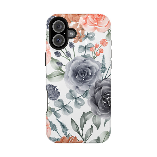 Elegant Watercolor Floral MagSafe iPhone Case – Gray & Peach Botanical Design - BOGO Cases