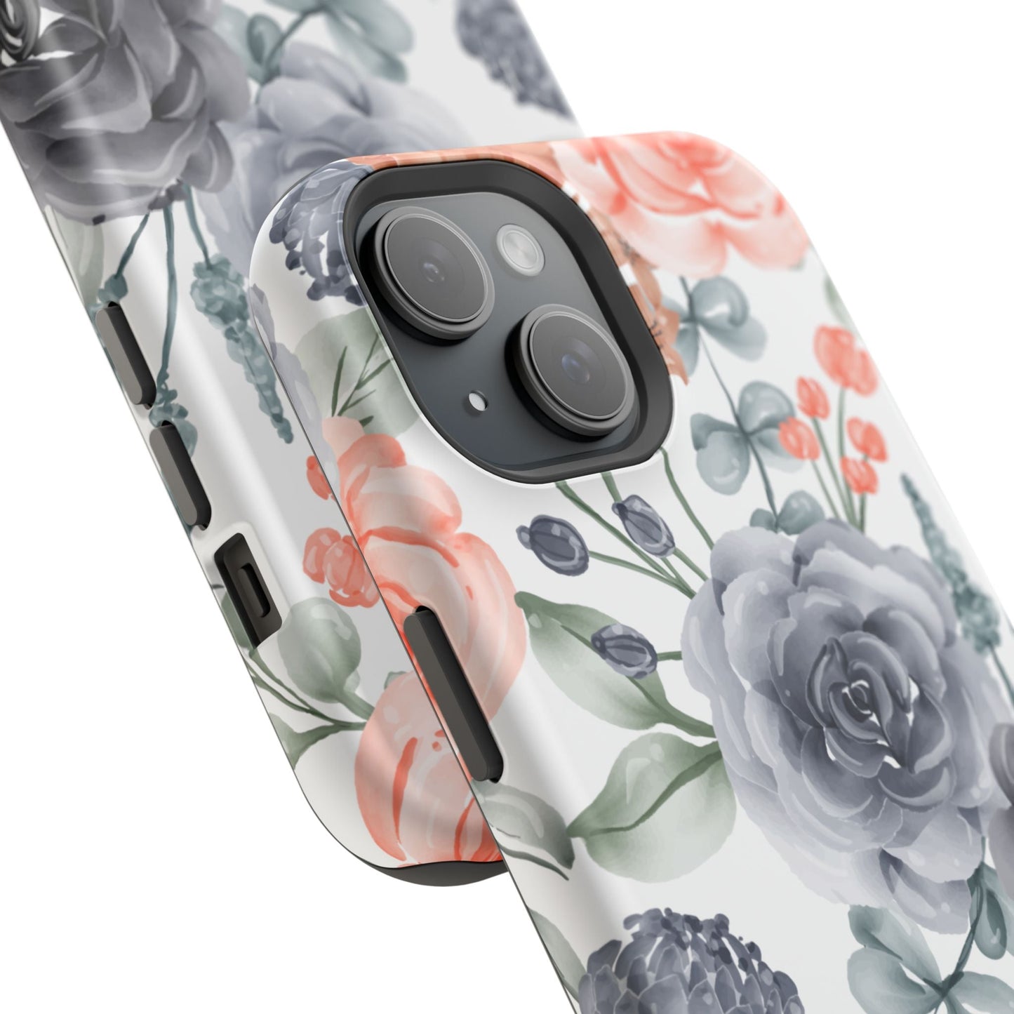 Elegant Watercolor Floral MagSafe iPhone Case – Gray & Peach Botanical Design - BOGO Cases