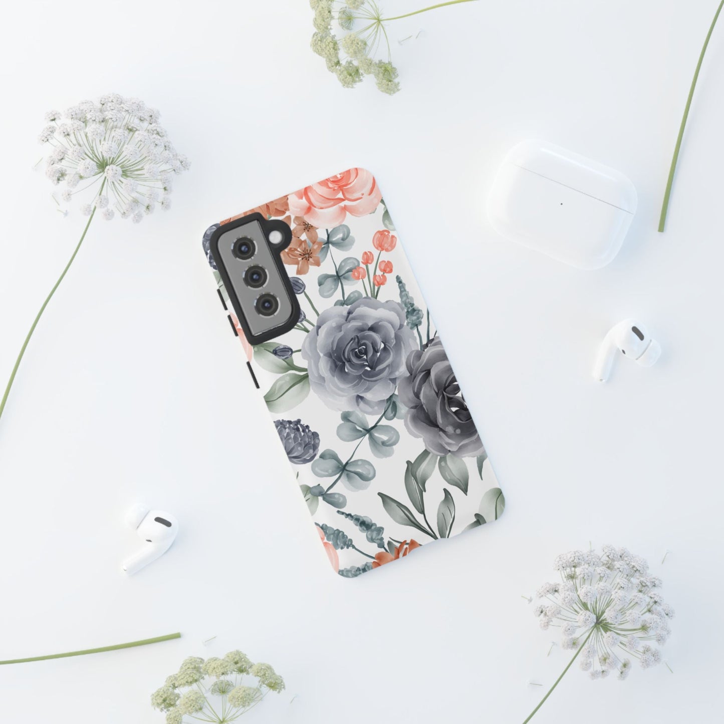 Elegant Watercolor Floral Samsung Galaxy Case – Gray, Peach & Sage Blooms - BOGO Cases