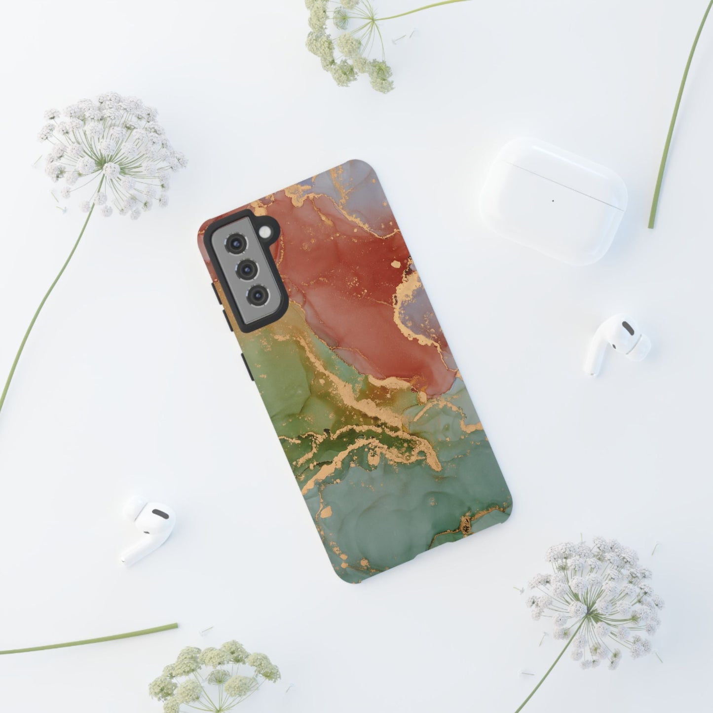 Emerald Orange Marble Samsung Galaxy Case - Green Marble Case with Luxe Gold Swirls - BOGO Cases