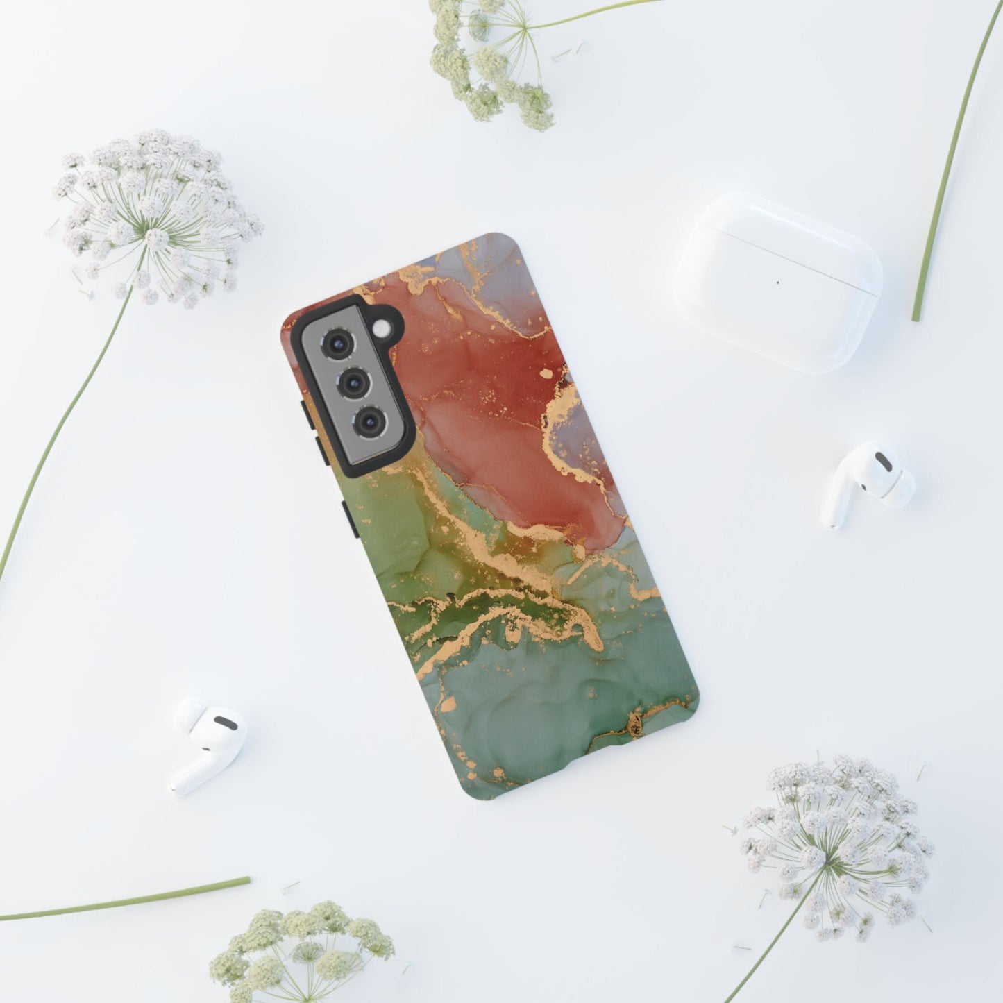 Emerald Orange Marble Samsung Galaxy Case - Green Marble Case with Luxe Gold Swirls - BOGO Cases