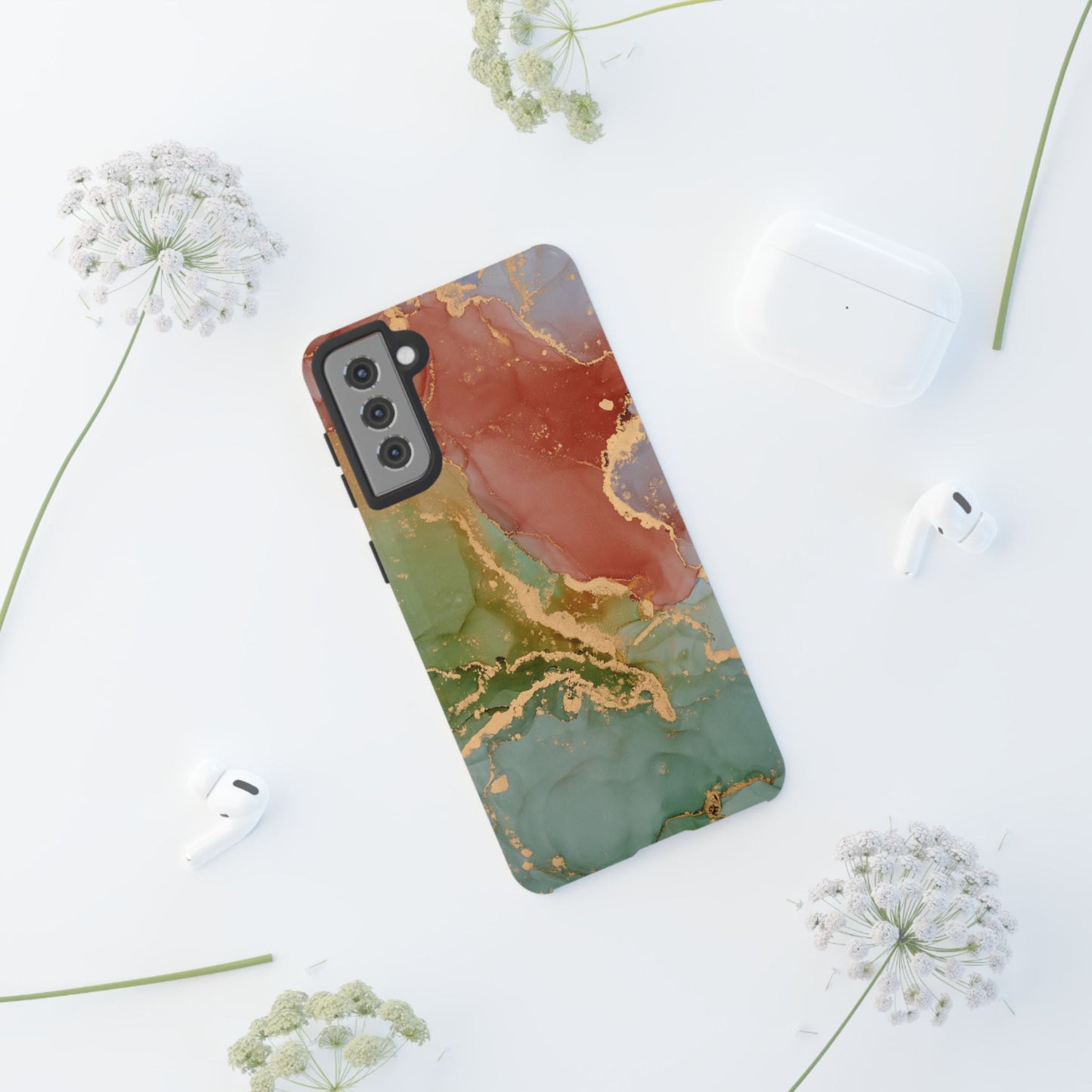 Emerald Orange Marble Samsung Galaxy Case - Green Marble Case with Luxe Gold Swirls - BOGO Cases