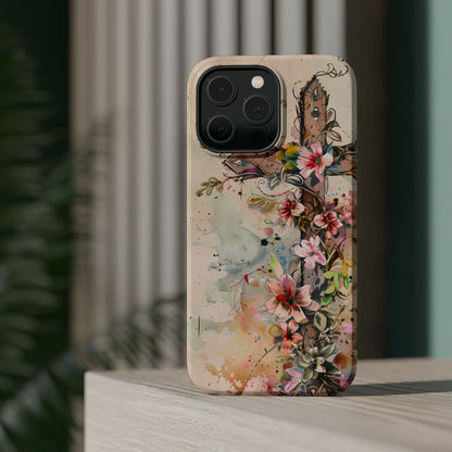 Floral Cross Watercolor - MagSafe iPhone Case, Christian Art & Wireless Charging Compatible - BOGO Cases
