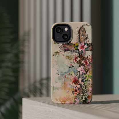 Floral Cross Watercolor - MagSafe iPhone Case, Christian Art & Wireless Charging Compatible - BOGO Cases