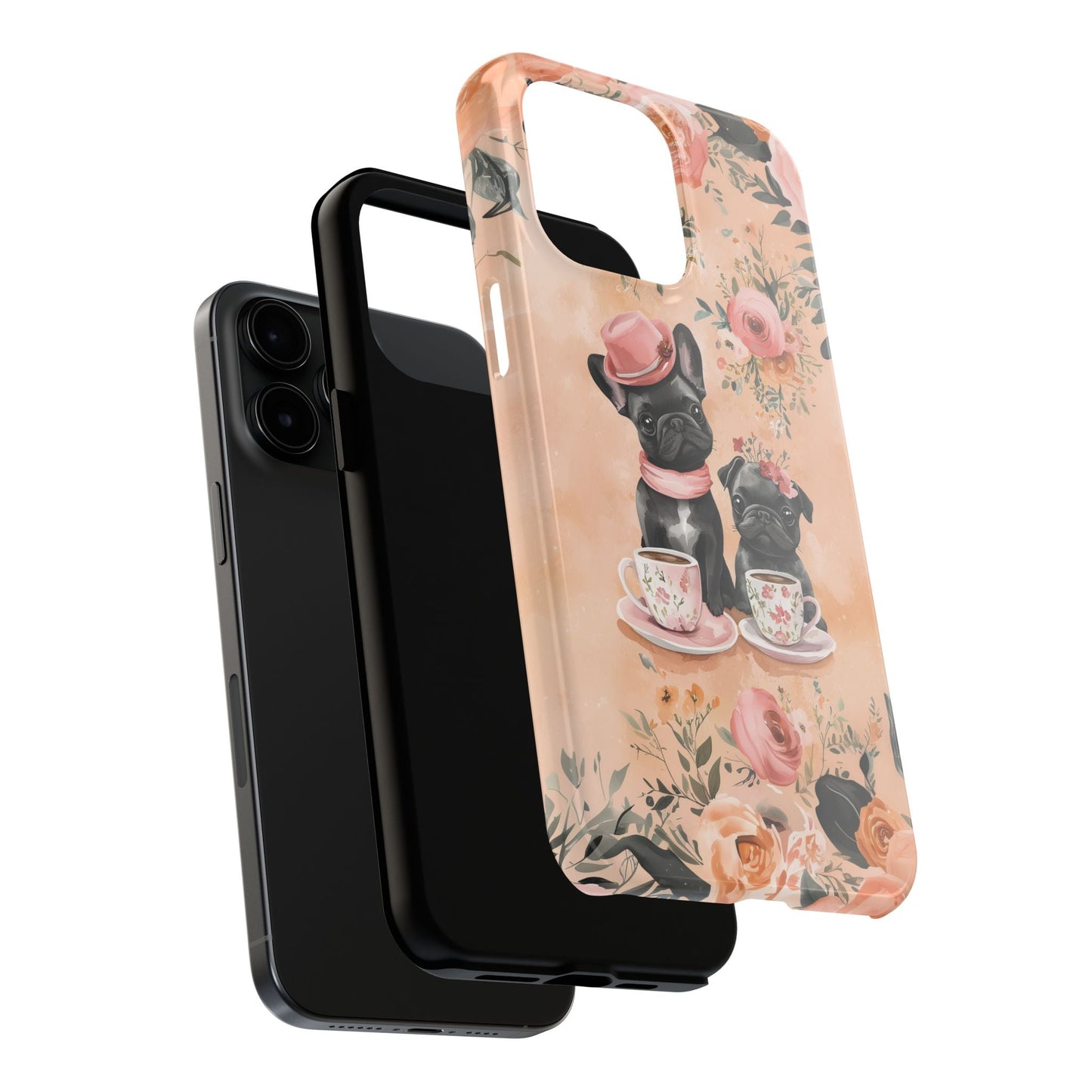 Floral French Bulldogs iPhone Case – Elegant Dog Design with Tea Cups & Roses, Shockproof Protection - BOGO Cases