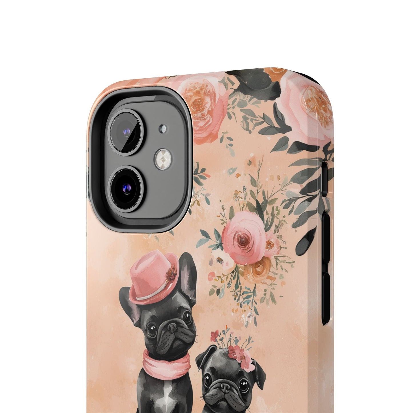 Floral French Bulldogs iPhone Case – Elegant Dog Design with Tea Cups & Roses, Shockproof Protection - BOGO Cases