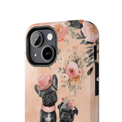 Floral French Bulldogs iPhone Case – Elegant Dog Design with Tea Cups & Roses, Shockproof Protection - BOGO Cases