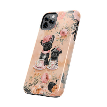 Floral French Bulldogs iPhone Case – Elegant Dog Design with Tea Cups & Roses, Shockproof Protection - BOGO Cases